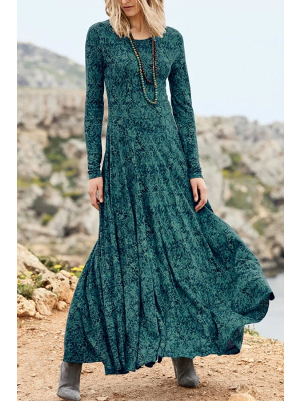 

Retro round neck print long sleeve dress