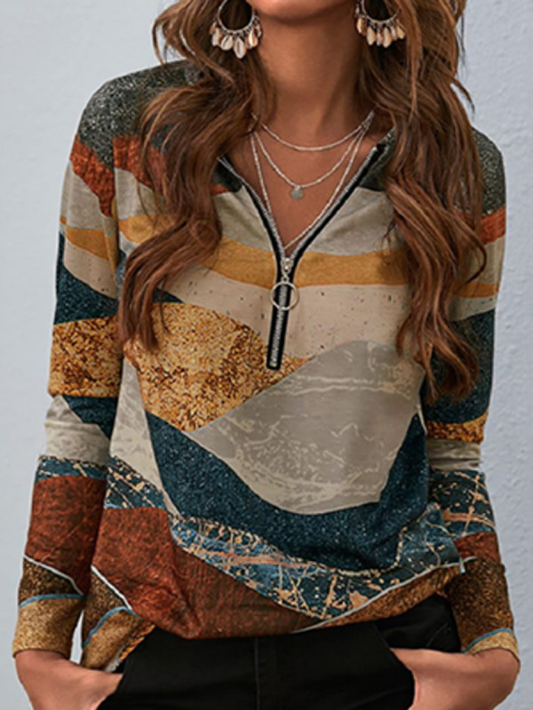 

Women Zip-up Print Long Sleeve Casual T-shirt