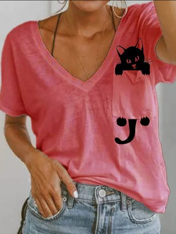 

Casual Pocket Cat Print T-Shirt
