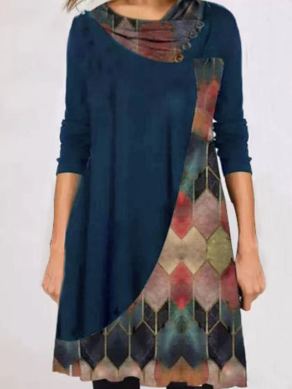 

Printed long-sleeved pile neck stitching casual dress