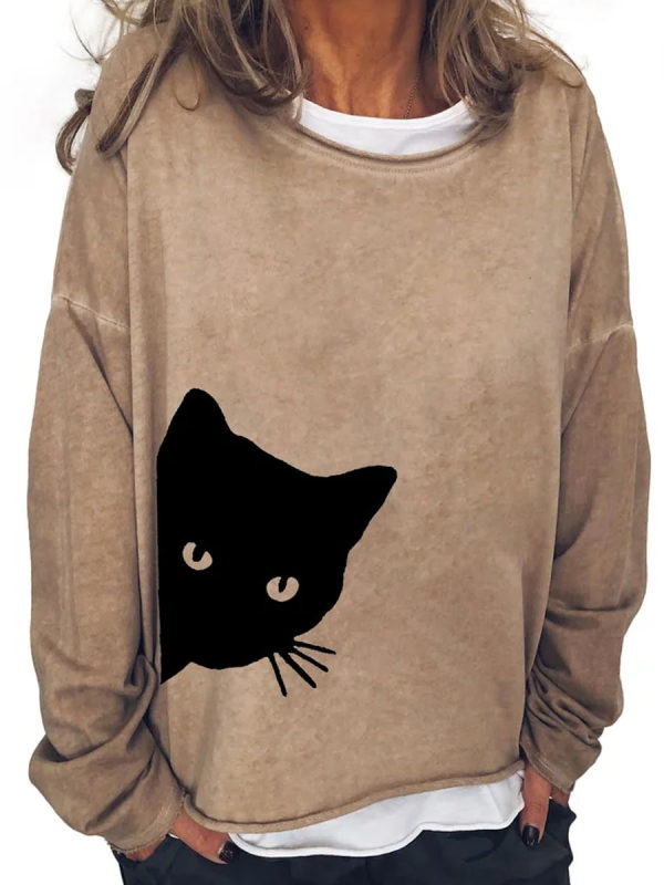 

Cat Print Casual Loose Sweatshirt