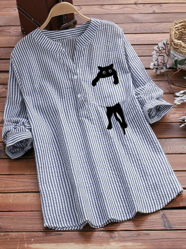 

V-Ausschnitt Baumwolle und Leinen gestreift und Cat Print Langarm Bluse