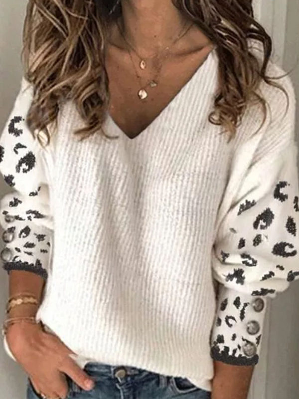 

V-neck leopard print retro loose sweater