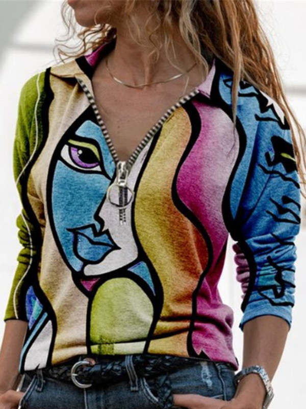 

Casual Printed Long-Sleeved V-Neck T-Shirt