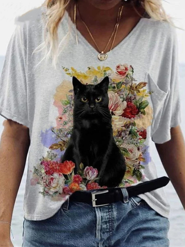 

Cat Floral Print V-Neck Short-Sleeved T-Shirt