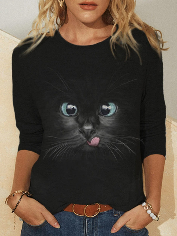 

Casual Cat Print Long Sleeve T-Shirt