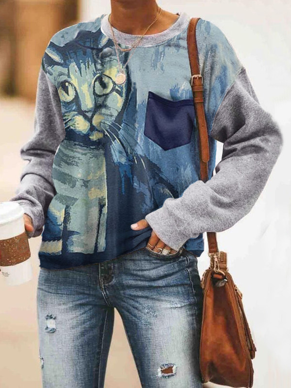 

Art Cat Print Contrast Sleeve Sweatershirt