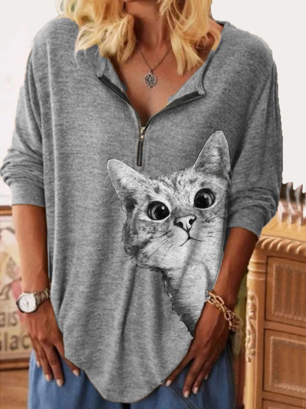 

Cat Zipper Casual T-Shirt