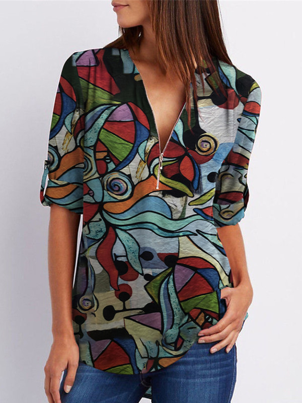 

V-neck Ethnic style abstract line Long Sleeve Blouses