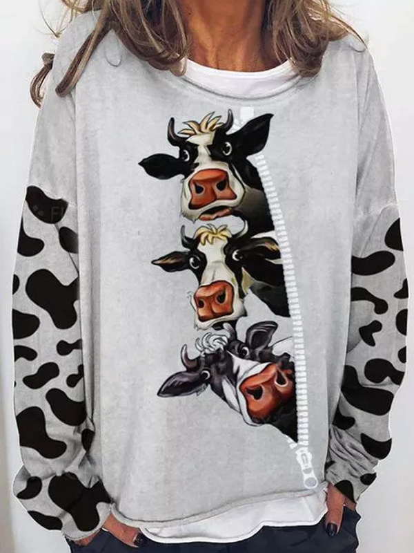 

Loose Cow Print Long Sleeve T-Shirt