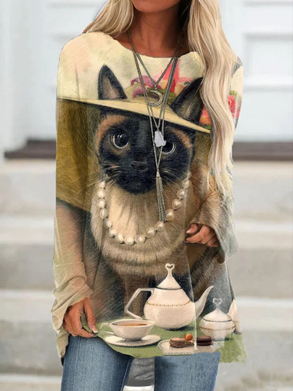 

Casual Cat Print Long Sleeve T-Shirt