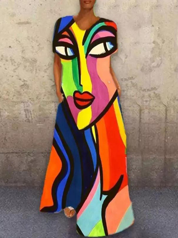 

Abstract Art Print Round Neck Loose Straight Long Skirt