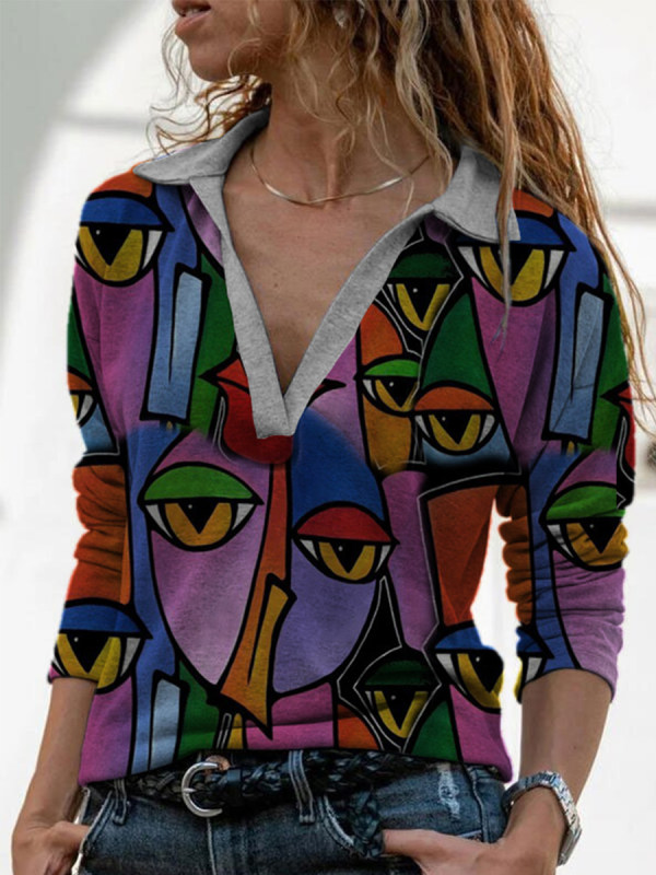 

Women's V-neck Printed Long Sleeve T-shirt