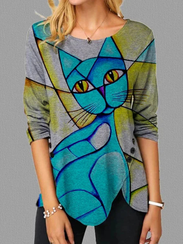 

Abstract cat print round collar long sleeved decorative button t-shirt