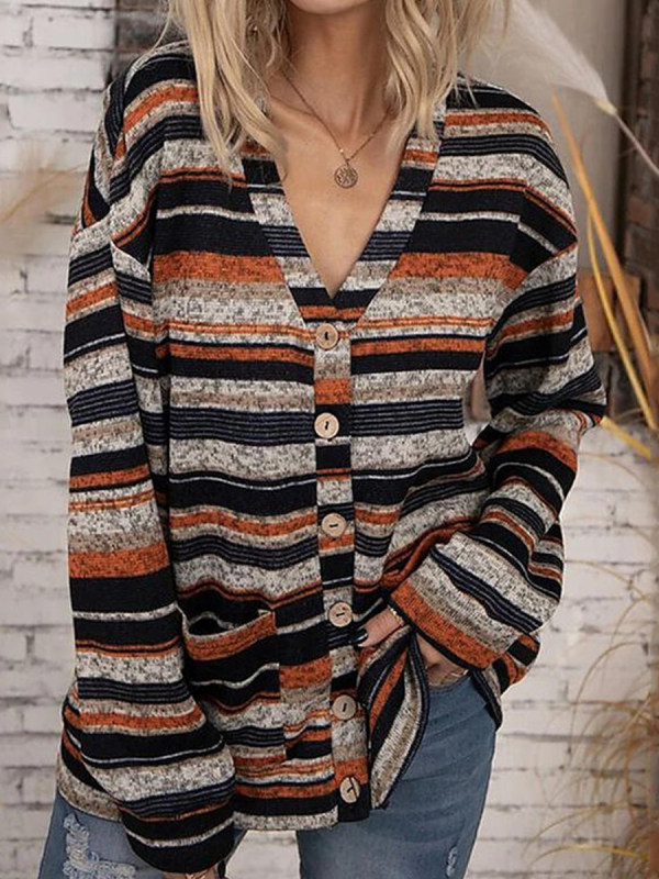

Single-breasted button-down striped V-neck long-sleeved casual shirt