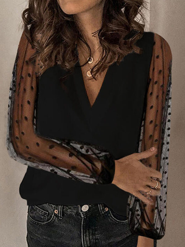 

Solid Lace Polka Dot V-Neck Long Sleeves Elegant Blouse