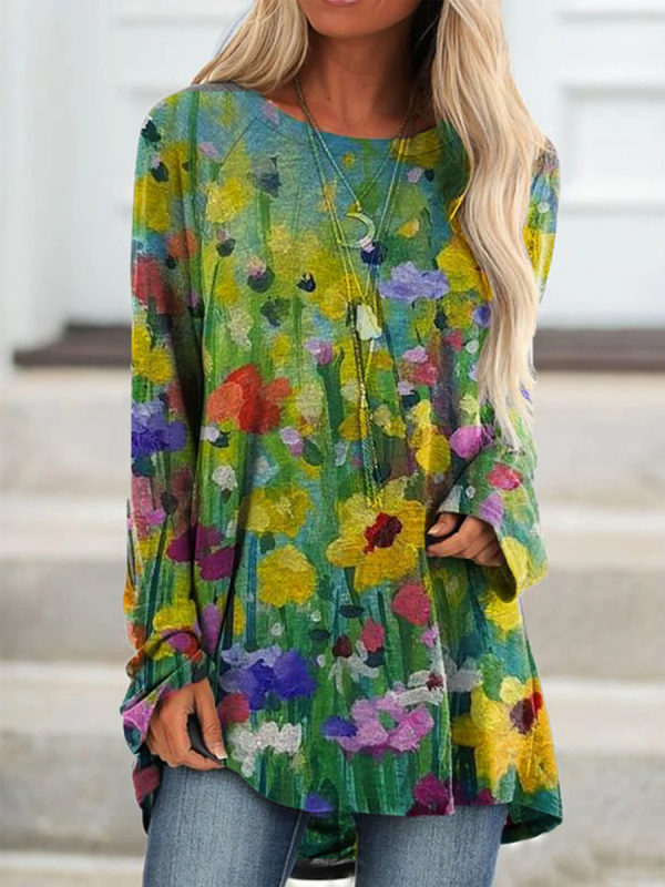 

Crew Neck Sweet Long Sleeve Floral-Print T-shirt