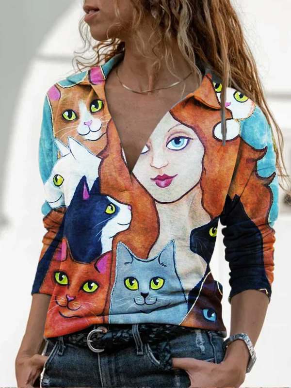 

V-neck Cat Portrait Print Loose Long Sleeve T-shirt
