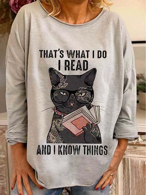 

Round Neck Cat Letter Print Loose Long Sleeve T-shirt