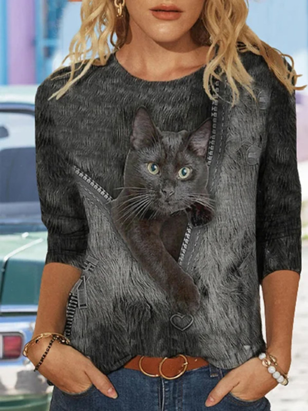 

Casual Cat Print Long Sleeve T-shirt