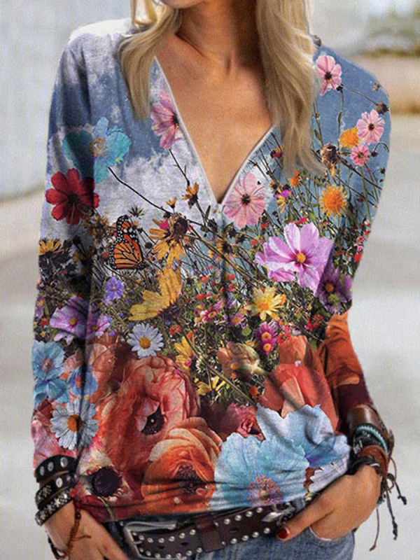 

Casual Floral Print V-neck T-shirt