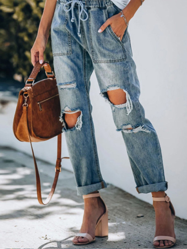 

Casual Elastic Waist Ripped Jeans
