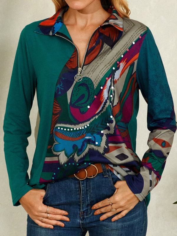 

Bohemian Print Loose Casual Zipper T-shirt