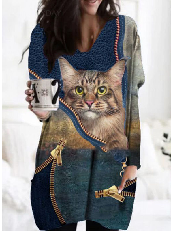 

Cat Print Casual Loose Long Comfortable T-shirt