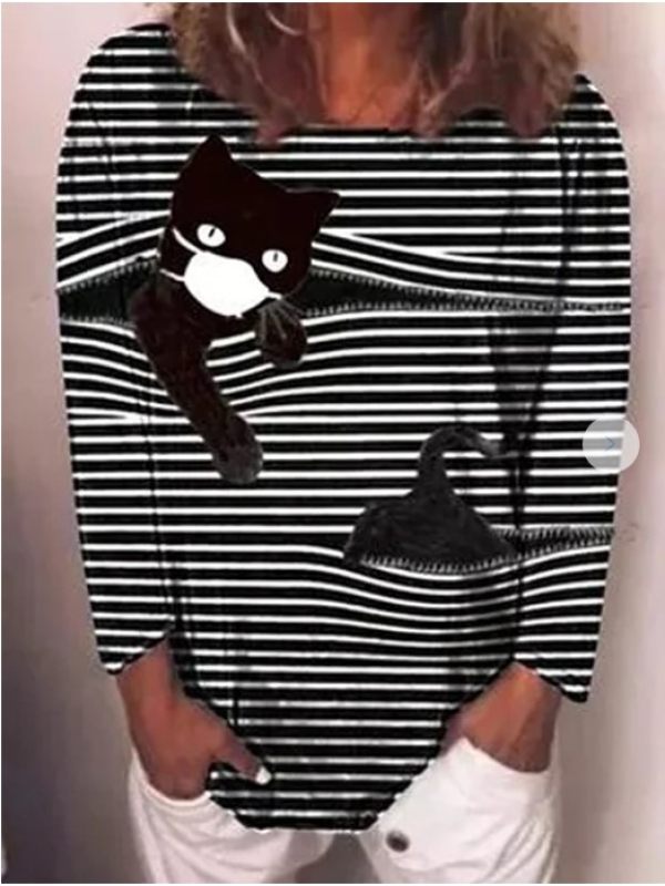

Cat Print Loose Casual Round Neck T-shirt