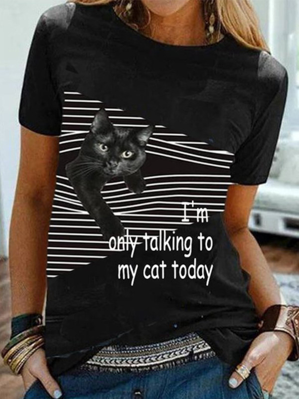 

Fashion Striped Cat Short Sleeve T-Shirt