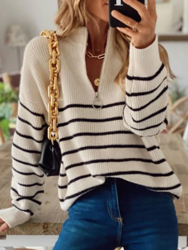 

Fashion Striped Printed Zipper Sweater