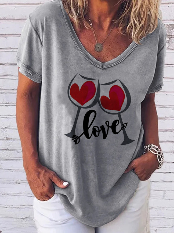 

Love with Wine Print V-Neck Short Sleeve T-Shirt