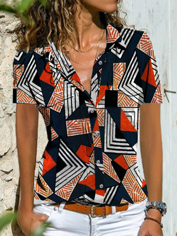 

Casual Geometric Print Button-up Short Sleeve Blouse