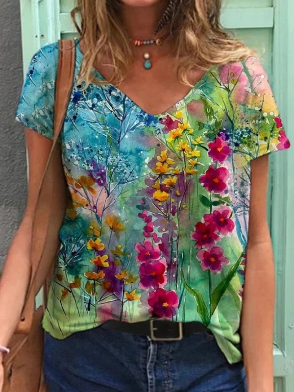 

Colorful Flower Painting Short Sleeve Shirts Tops