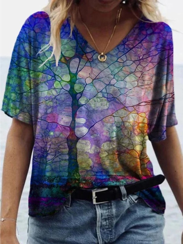 

Women Casual V Neck Abstract Printed Shift T-Shirts