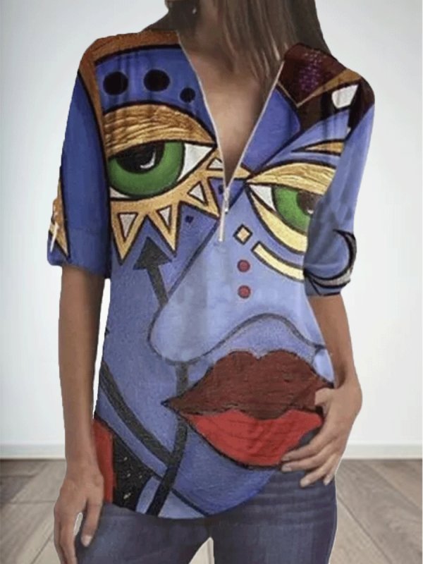 

Abstract Print Zipper V-neck Long-sleeved T-shirt