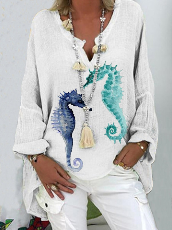 

Ladies seahorse print casual half-sleeved shirt