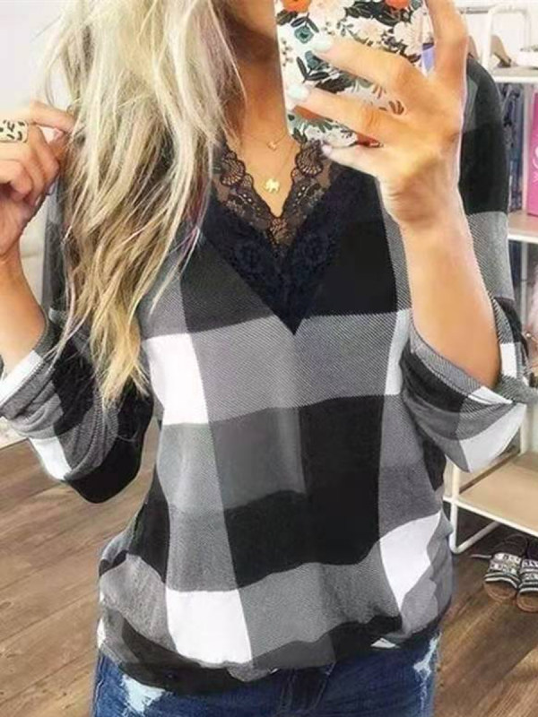 

Casual Check Lace Long Sleeve T-shirt