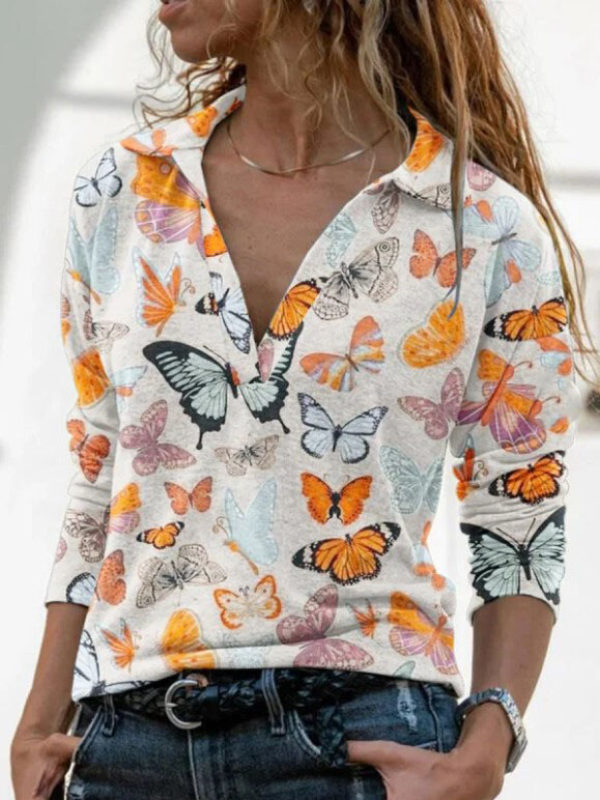 

Hot Sale Butterfly Print V-neck Long Sleeve T-shirt