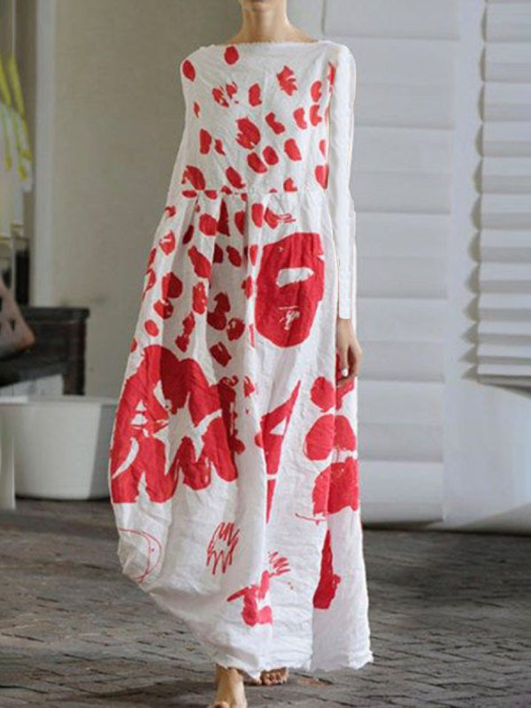 

Boho Style Lip Print Long Sleeve Cotton And Linen Loose Dres