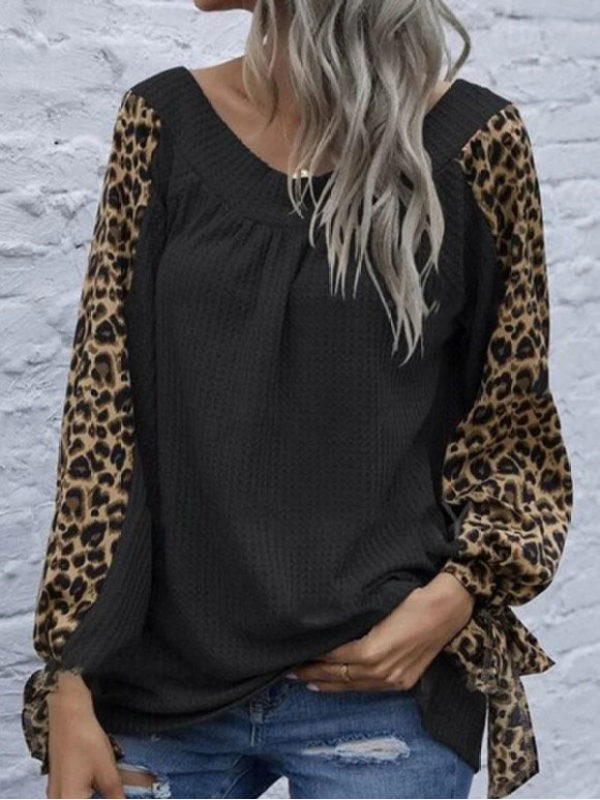 

Loose Casual Leopard Print Stitching Long Sleeve T-shirt