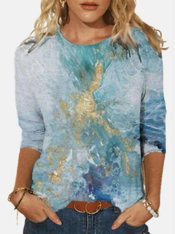 

Hot Sale Marine Blue Printed Loose Long Sleeve T-shirt