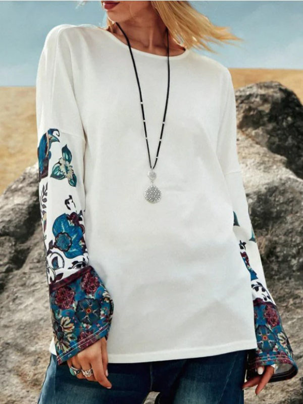 

Cuff Print Round Neck Loose Casual T-shirt