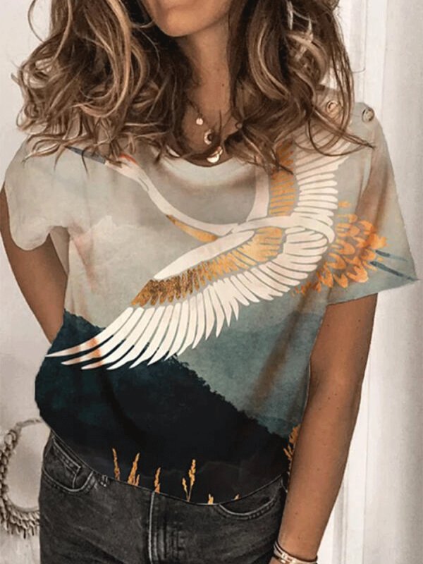 

Crane Print Short Sleeve Round Neck T-shirt