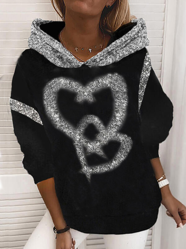 

Heart Print Loose Hooded Sequin Printed Sweatshirt