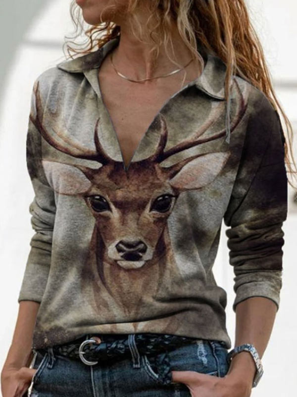

V-neck Elk Print Loose Casual Long-sleeved T-shirt