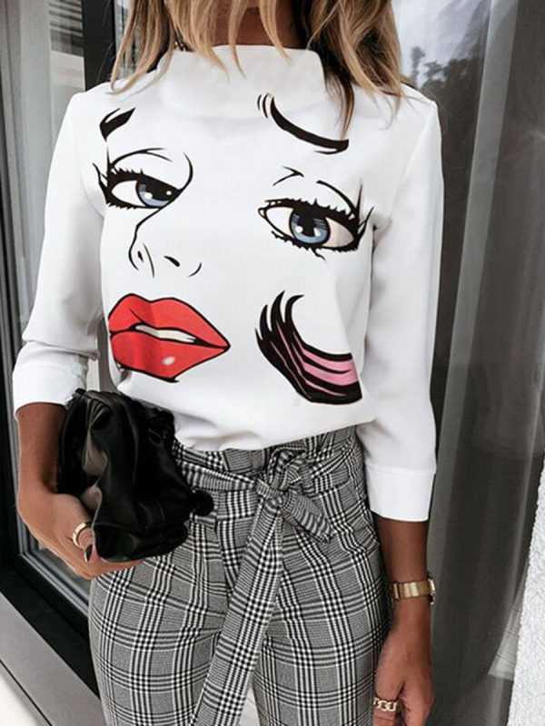 

Face Print Small High Neck Loose Long Sleeve Sweater