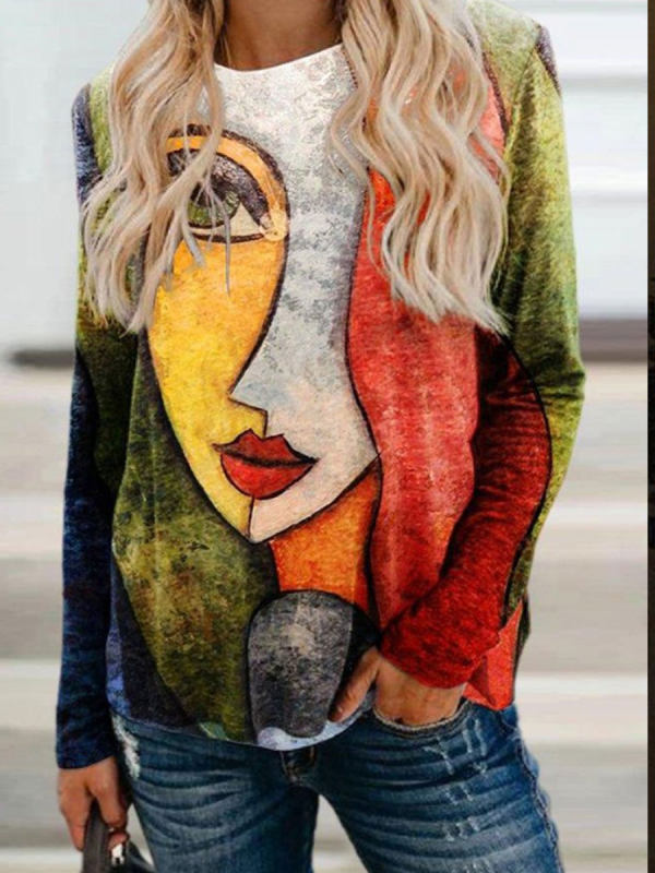 

Round Neck Face Print Casual Loose Long Sleeve T-shirt