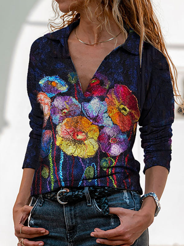 

V-neck Floral Print Casual Loose Long-sleeved T-shirt