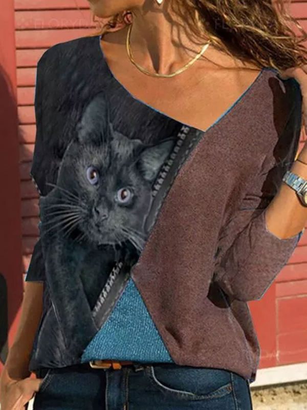 

V-neck Cat Print Stitching Casual Loose Long-sleeved T-shirt